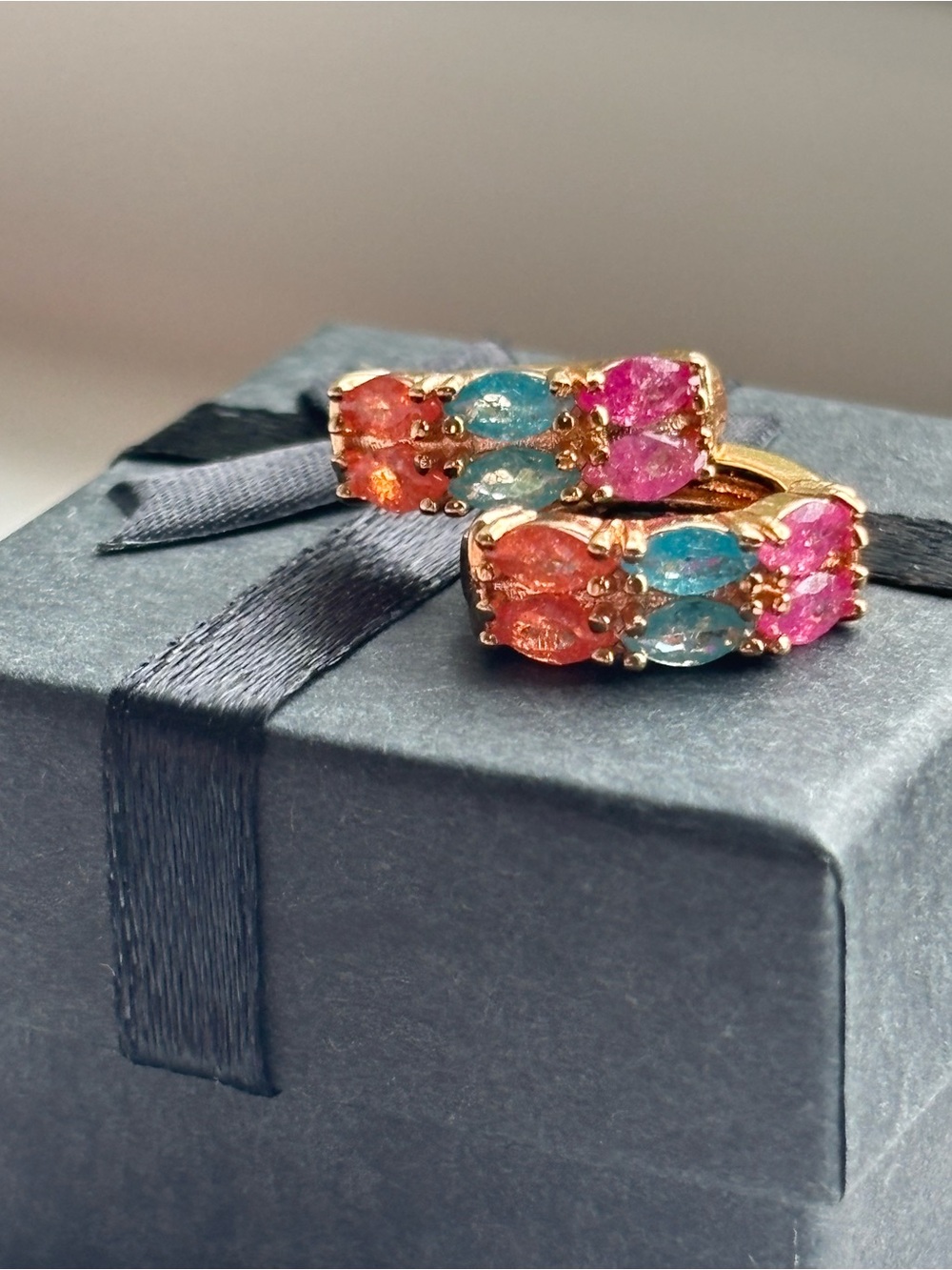 Rose Gold Plated Multicolor Tourmaline Style Hoop Earrings Pink Blue CZ Huggies